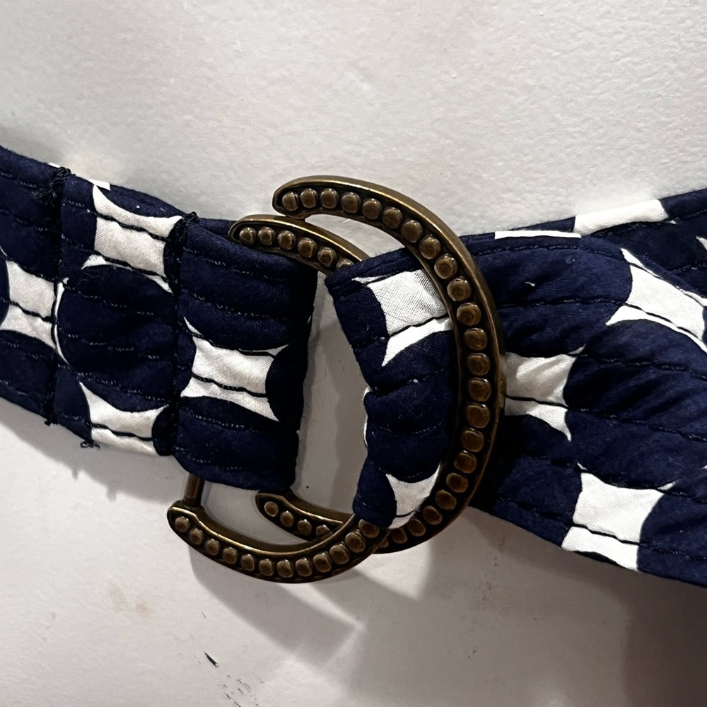 J. Crew Navy and White Patterned Belt with Brass Buckle